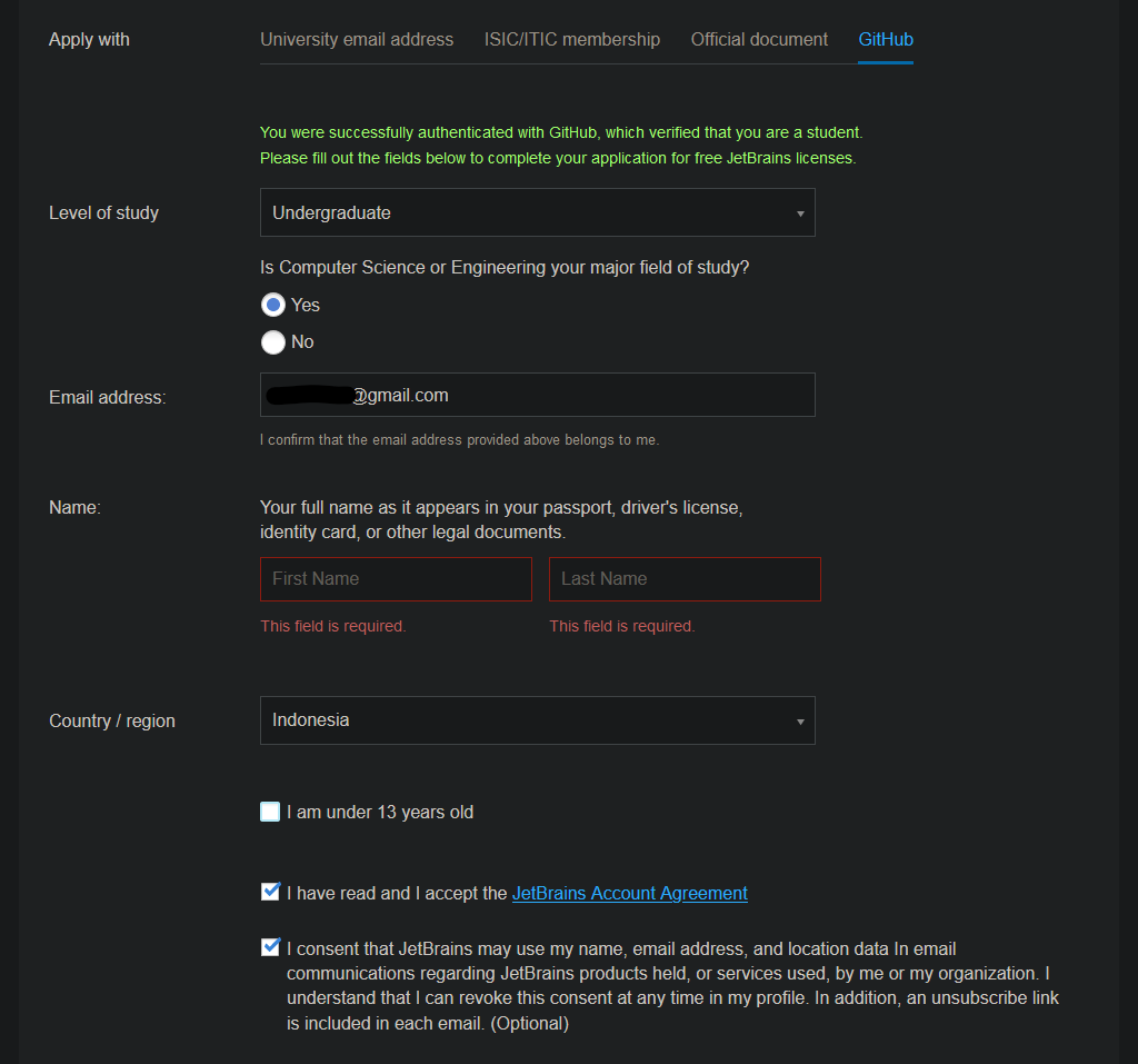 Lengkapi form application JetBrains