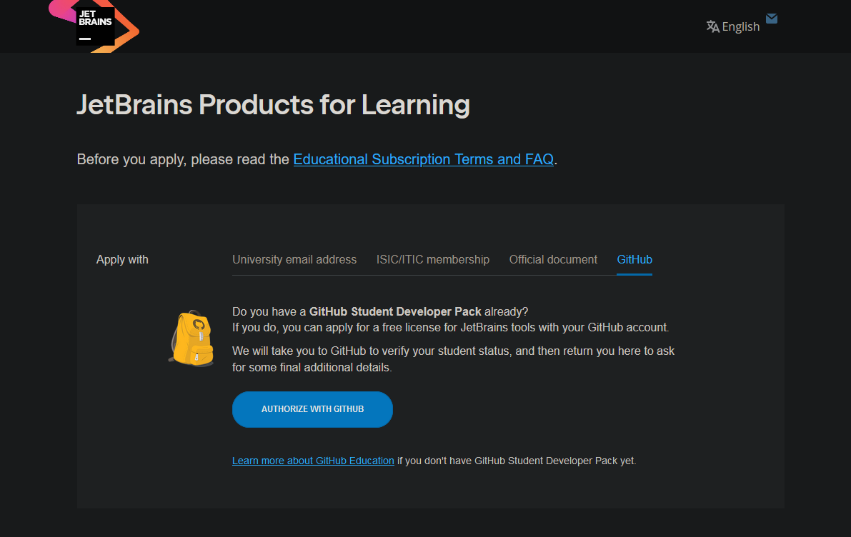 Halaman JetBrains Educational Subscription